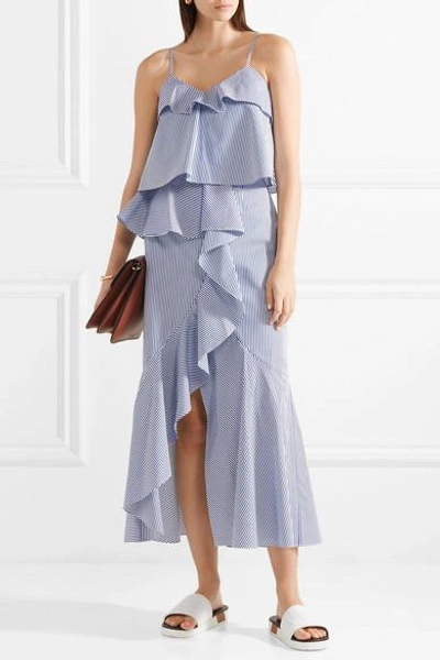 Shop Goen J Ruffled Striped Cotton-poplin Midi Skirt In Blue