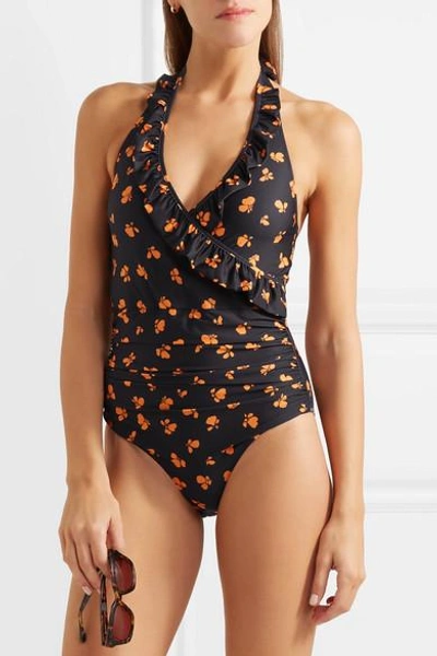 Ganni Dexies Ruffled Floral-print Halterneck Swimsuit In Black | ModeSens