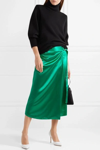 Shop Dion Lee Wrap-effect Silk-satin Midi Skirt In Emerald