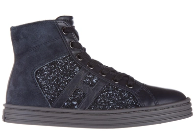 Shop Hogan Rebel Girls Shoes Child Suede High Top Leather Sneakers R141 In Blue