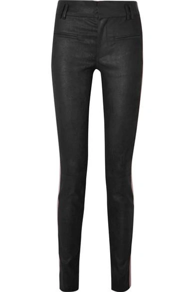 Shop Haider Ackermann Grosgrain-trimmed Brushed-leather Skinny Pants In Black