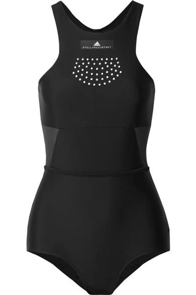 Shop Adidas By Stella Mccartney Mesh-paneled Printed Swimsuit In Black