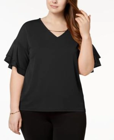 Shop Calvin Klein Plus Size Ruffle-sleeve Top In Black