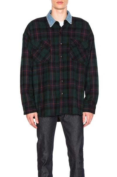 Shop Fear Of God Denim Collared Oversized Flannel In Blue,checkered & Plaid,green