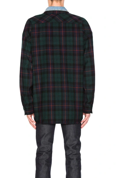 Shop Fear Of God Denim Collared Oversized Flannel In Blue,checkered & Plaid,green