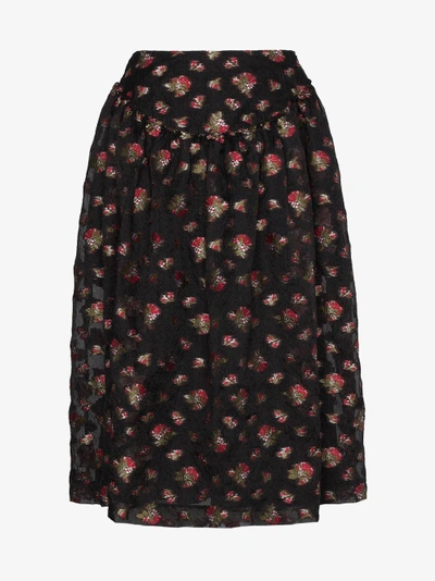 Shop Simone Rocha Floral Embroidered Full Midi Skirt In Black