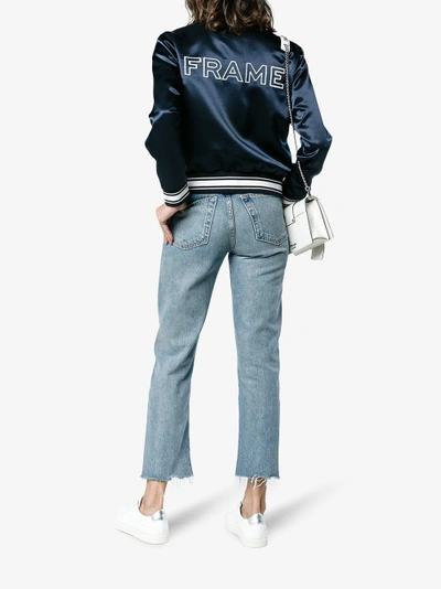 Shop Frame Denim Logo Applique Silk Bomber Jacket In Blue