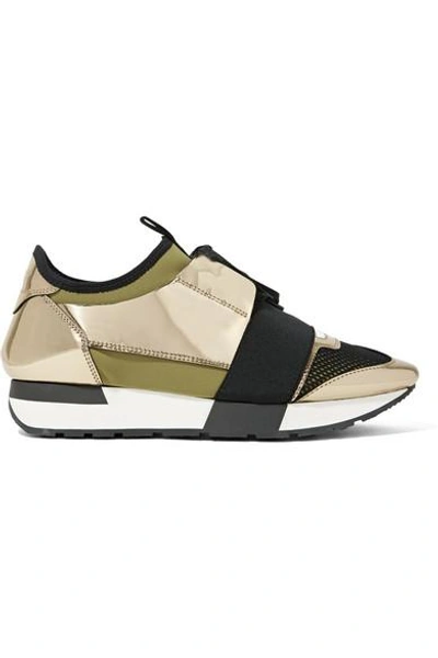 Shop Balenciaga Race Runner Metallic Leather, Mesh And Neoprene Sneakers In Gold