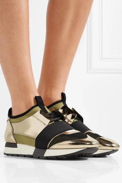 Shop Balenciaga Race Runner Metallic Leather, Mesh And Neoprene Sneakers In Gold