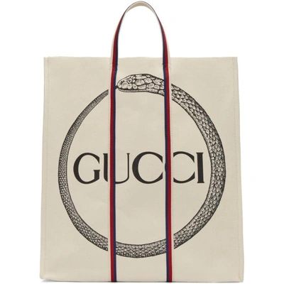 Shop Gucci Off-white Ouroboros Logo Tote In 8200 Natura