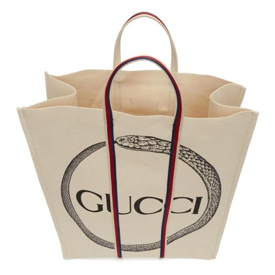 Shop Gucci Off-white Ouroboros Logo Tote In 8200 Natura