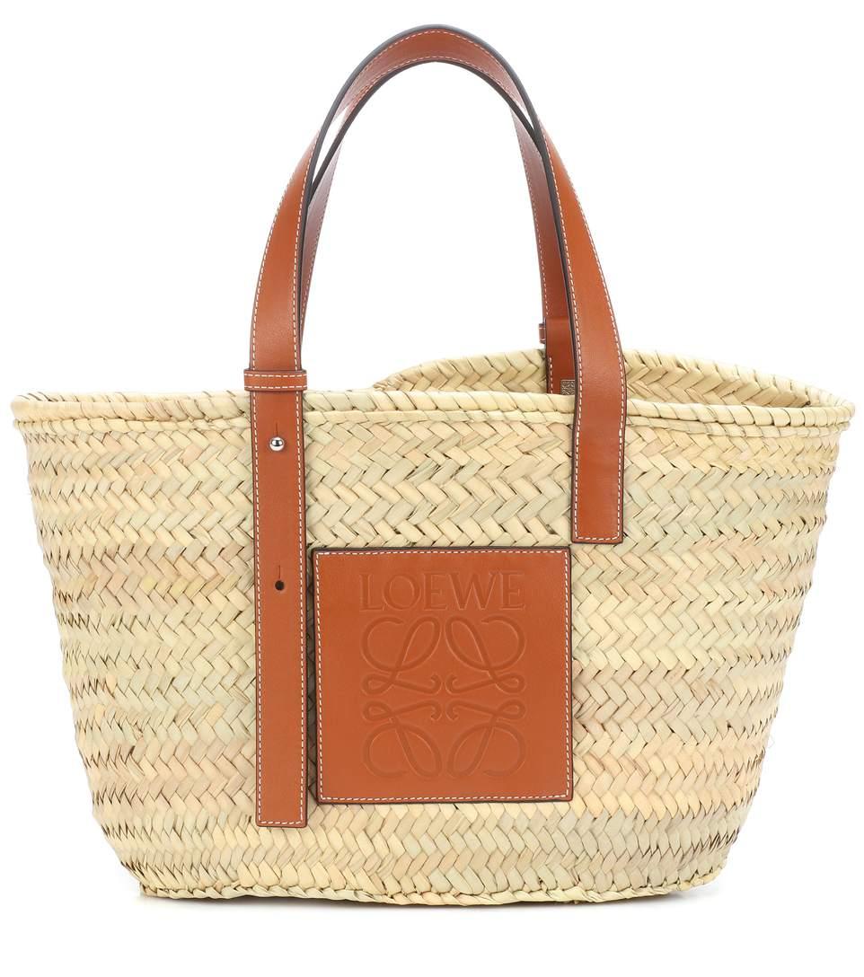 Loewe Leather-Trimmed Woven Raffia Medium Basket Bag In Neutrals | ModeSens