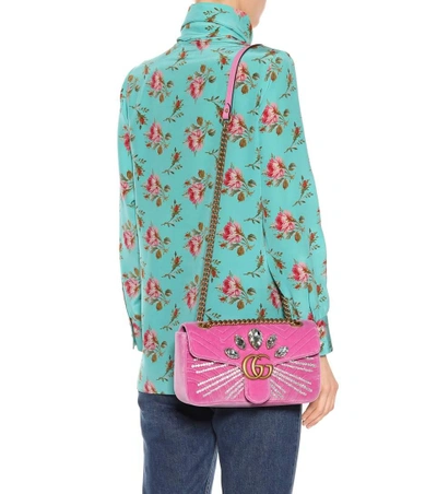 Shop Gucci Gg Marmont Small Velvet Shoulder Bag In Pink