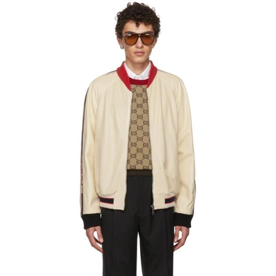 Shop Gucci White Perforated Leather Bomber Jacket In 9568 White