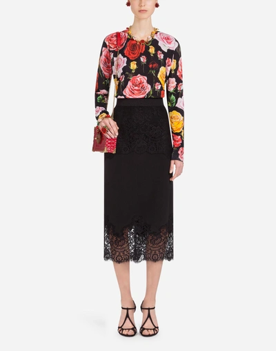 Shop Dolce & Gabbana Round Neck Sweater In Printed Silk In Multi-colored