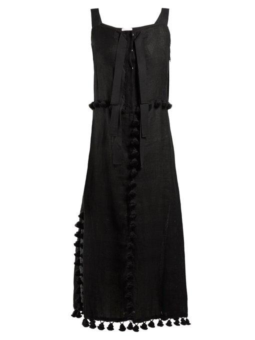 Altuzarra Villette Pompom-embellished Linen-blend Dress In Black | ModeSens