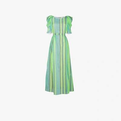 Shop Vika Gazinskaya Striped Silk Maxi Dress With Puffed Sleeves In Green