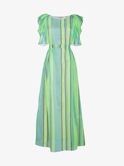 Shop Vika Gazinskaya Striped Silk Maxi Dress With Puffed Sleeves In Green