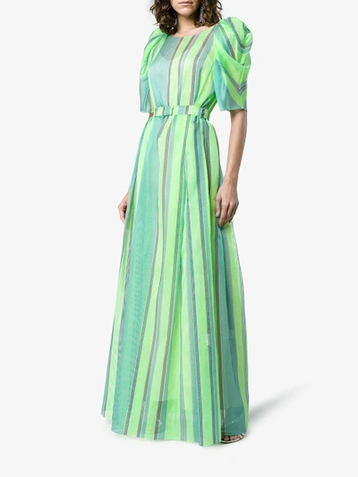 Shop Vika Gazinskaya Striped Silk Maxi Dress With Puffed Sleeves In Green