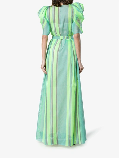 Shop Vika Gazinskaya Striped Silk Maxi Dress With Puffed Sleeves In Green