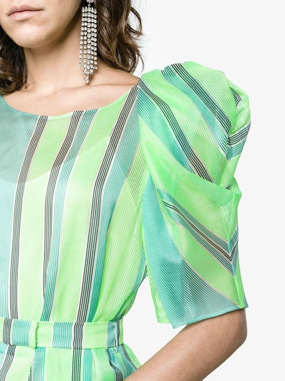Shop Vika Gazinskaya Striped Silk Maxi Dress With Puffed Sleeves In Green
