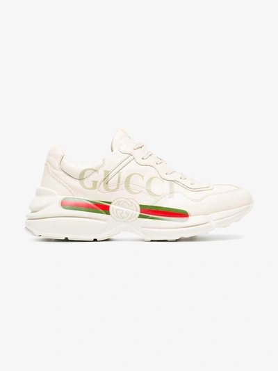 Shop Gucci Rhyton Fake Logo Leather Sneakers - Men's - Calf Leather/rubber In White