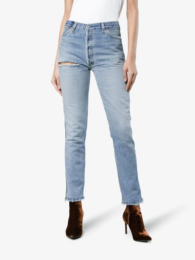 Shop Re/done Mid Rise Ankle Zip Slim Jeans In Blue