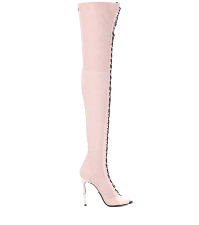 Shop Balmain Suede Over-the-knee Boots In Pink