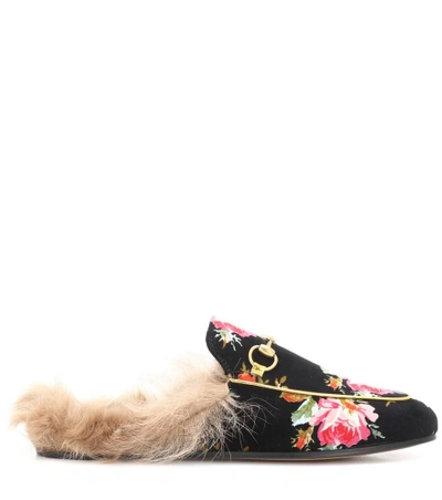 Shop Gucci Princetown Fur-lined Velvet Slippers In Black