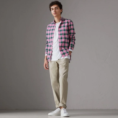 Shop Burberry Check Cotton Shirt In Bright Coral Pink