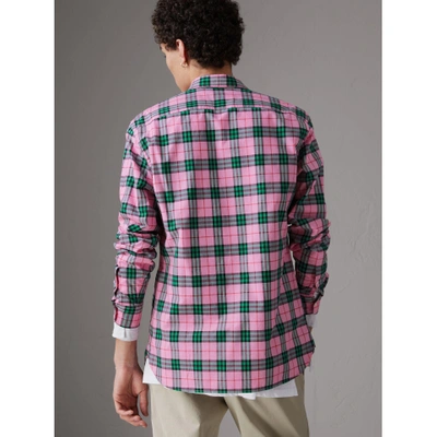 Shop Burberry Check Cotton Shirt In Bright Coral Pink