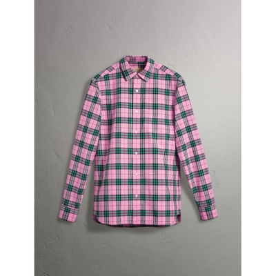 Shop Burberry Check Cotton Shirt In Bright Coral Pink