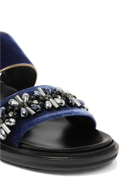Shop Marni Leather-trimmed Embellished Velvet Slingback Sandals In Navy