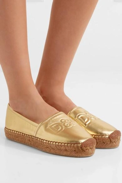 Shop Dolce & Gabbana Logo-embossed Metallic Leather Espadrilles In Gold