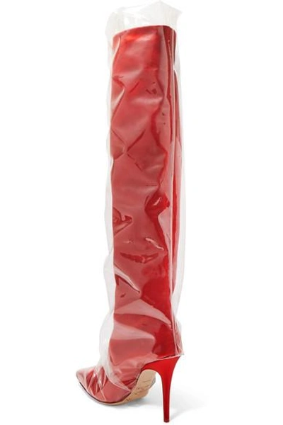 Shop Off-white C/o Jimmy Choo Elisabeth 100 Pvc-wrapped Satin Knee Boots In Red