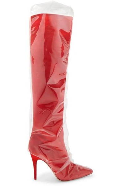 Shop Off-white C/o Jimmy Choo Elisabeth 100 Pvc-wrapped Satin Knee Boots In Red