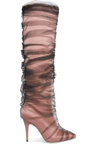 Shop Off-white C/o Jimmy Choo Elisabeth 100 Tulle And Satin Knee Boots In Blush