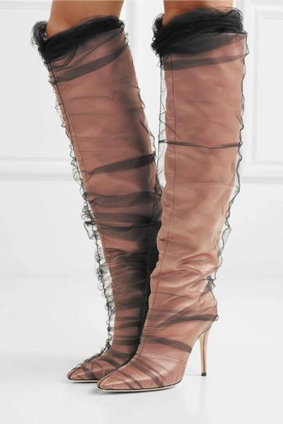 Shop Off-white C/o Jimmy Choo Elisabeth 100 Tulle And Satin Knee Boots In Blush