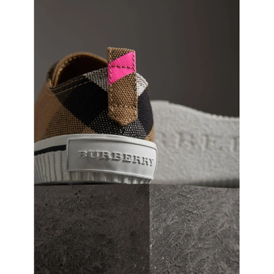 Shop Burberry Canvas Check And Leather Sneakers In Classic/neon Pink