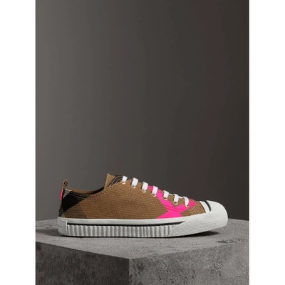 Shop Burberry Canvas Check And Leather Sneakers In Classic/neon Pink