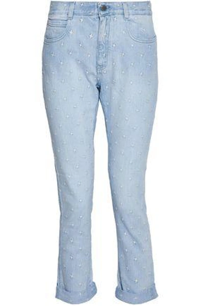 Shop Stella Mccartney Embroidered Mid-rise Slim-leg Jeans In Light Denim