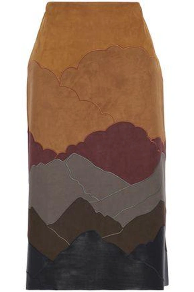 Shop Stella Mccartney Embroidered Faux Leather And Suede Skirt In Brown