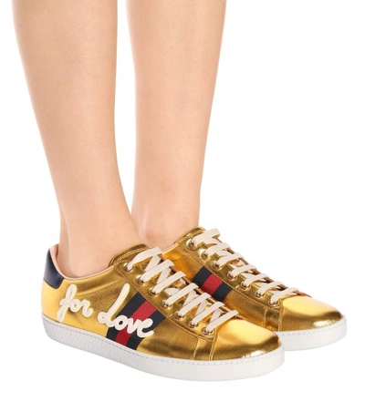 Shop Gucci Ace Leather Sneakers In Gold