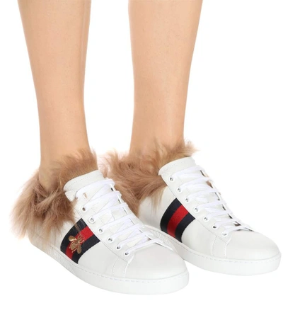 Shop Gucci Ace Fur-trimmed Leather Sneakers In Female