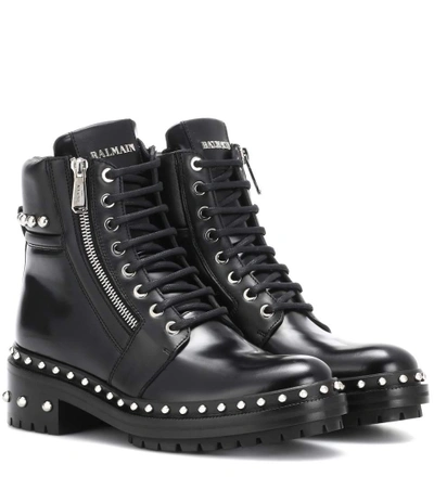 Shop Balmain Ranger Embellished Leather Ankle Boots In Black