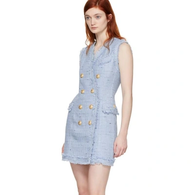 Shop Balmain Blue Tweed Double-breasted Dress