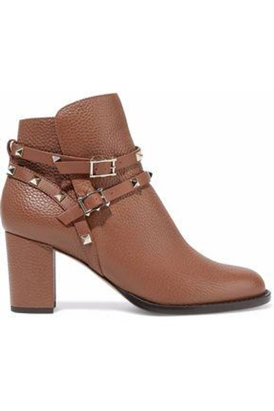 Shop Valentino Woman Rockstud Pebbled-leather Ankle Boots Camel