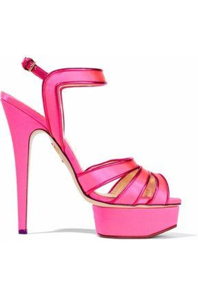 Shop Charlotte Olympia Woman Leather-trimmed Neon Satin Platform Sandals Pink