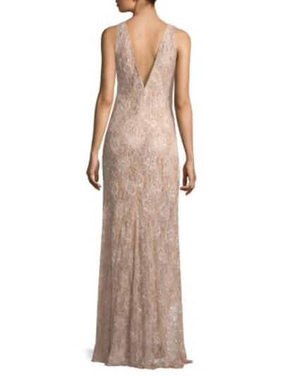 Shop Carmen Marc Valvo Floral Beaded Gown In Blush