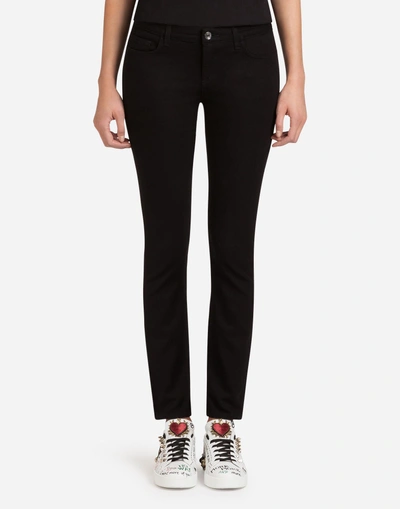 Shop Dolce & Gabbana Denim Stretch Fit Pretty Jeans With Jacquard Embroidery In Black